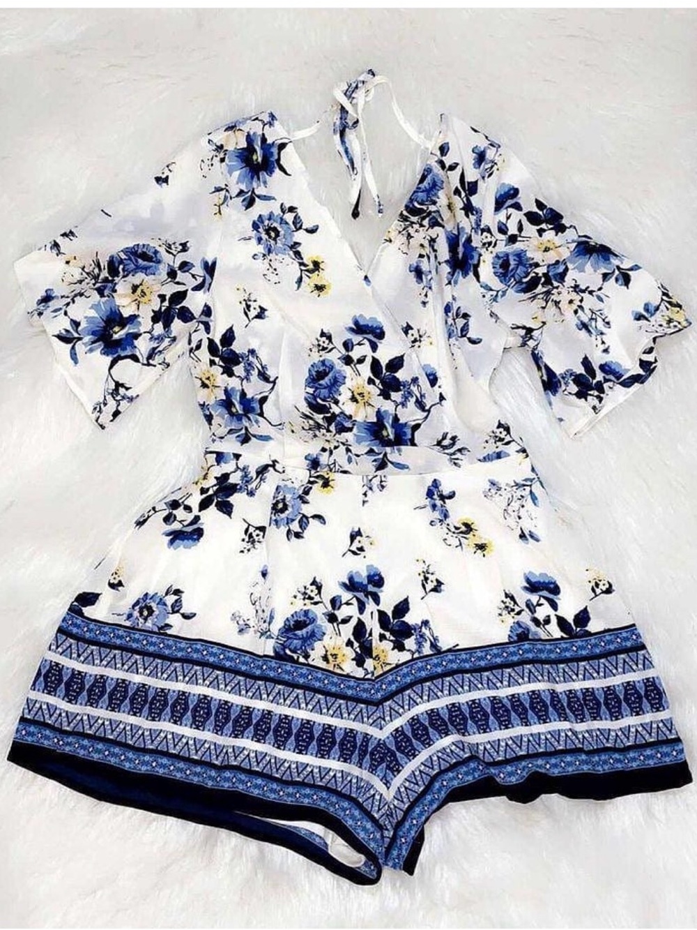 Trixxi White Romper with Blue Floral Print and Tie Back